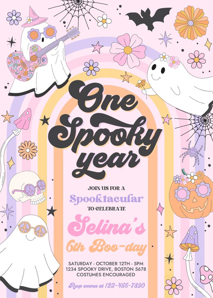 One Spooky Year Birthday Invitation | Retro Ghost 1st Birthday Canva Template