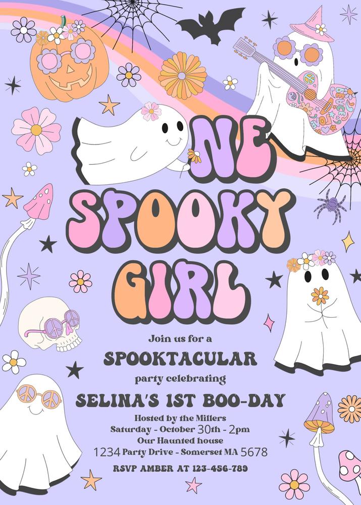One Spooky Girl 1st Birthday Invitation | Retro Groovy Ghost Canva Template