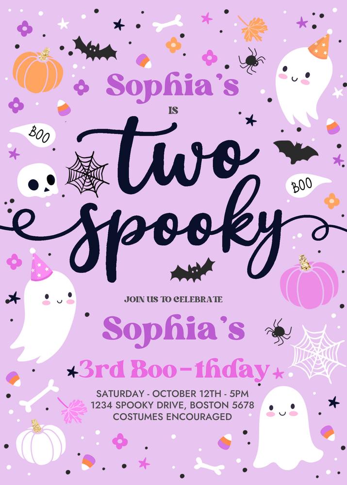 Two Spooky Ghost 2nd Birthday Invitation | Editable Canva Template Purple