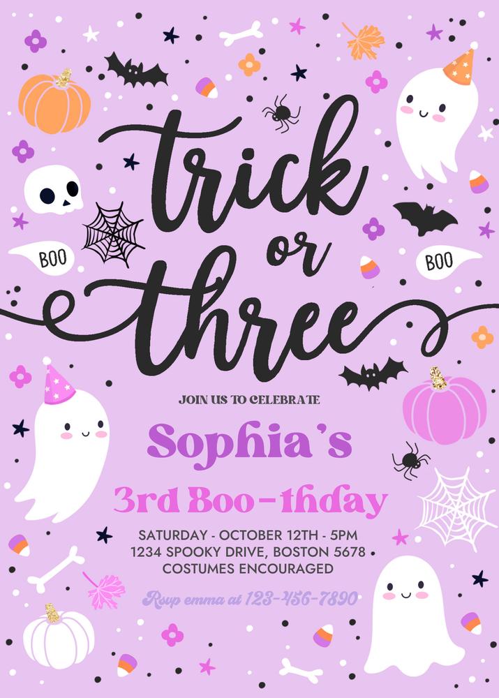 Editable Trick or Three Halloween Ghost 3rd Birthday Invitation Canva Template