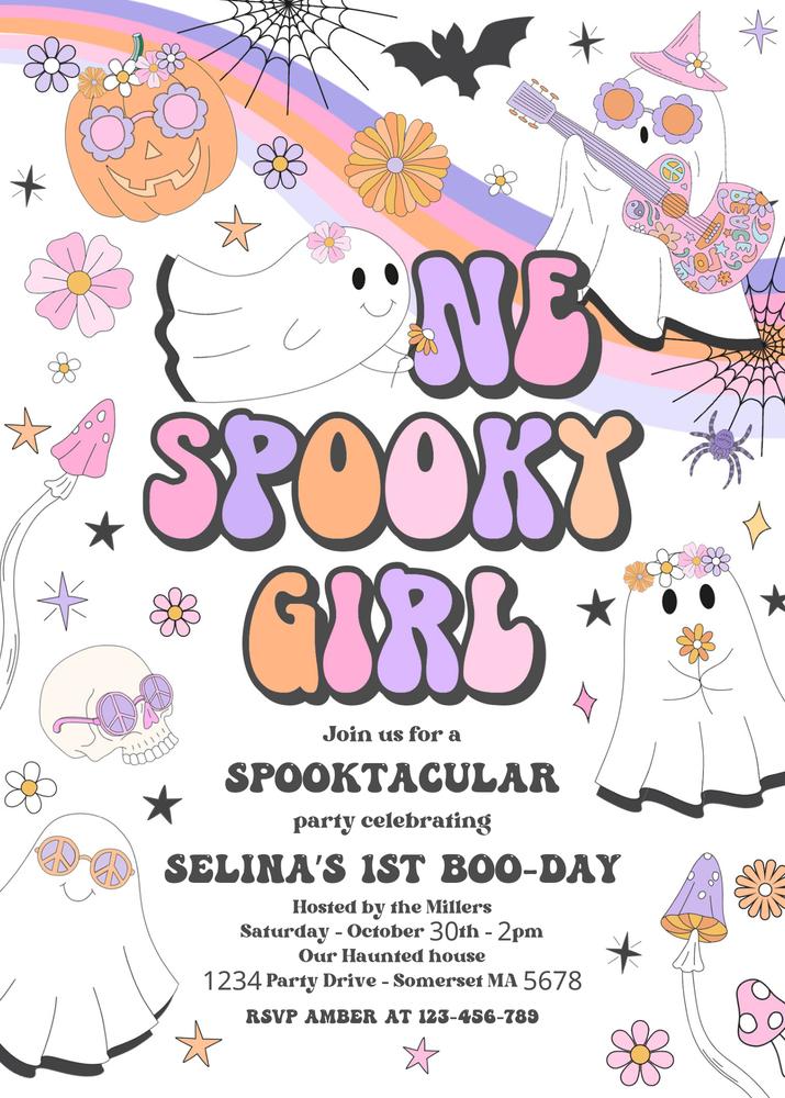One Spooky Girl 1st Birthday Invitation | Retro Groovy Halloween Canva Template