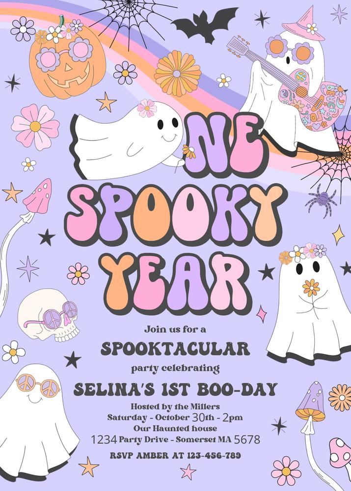 One Spooky Year Birthday Invitation | Retro Groovy Ghost Canva Template