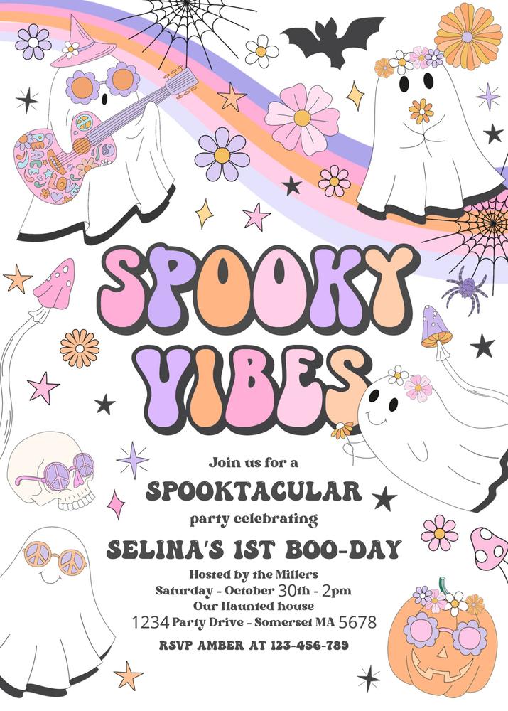 Retro Groovy Ghost Birthday Invitation | Editable Halloween Canva Template