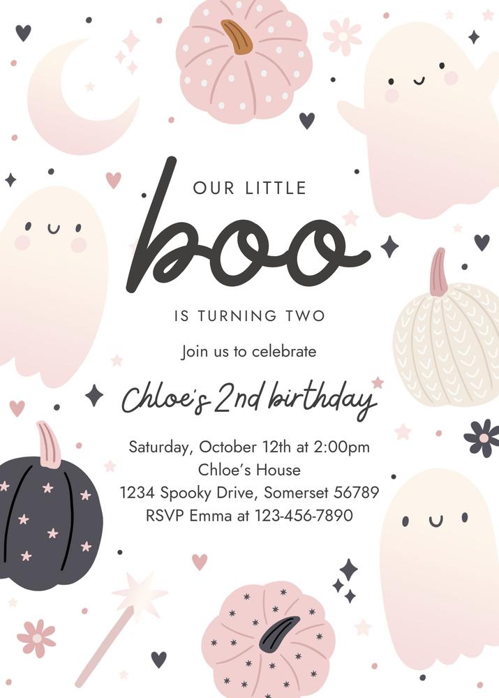 Little Boo Ghost 2nd Birthday Invitation | Boho Groovy Halloween Canva Template