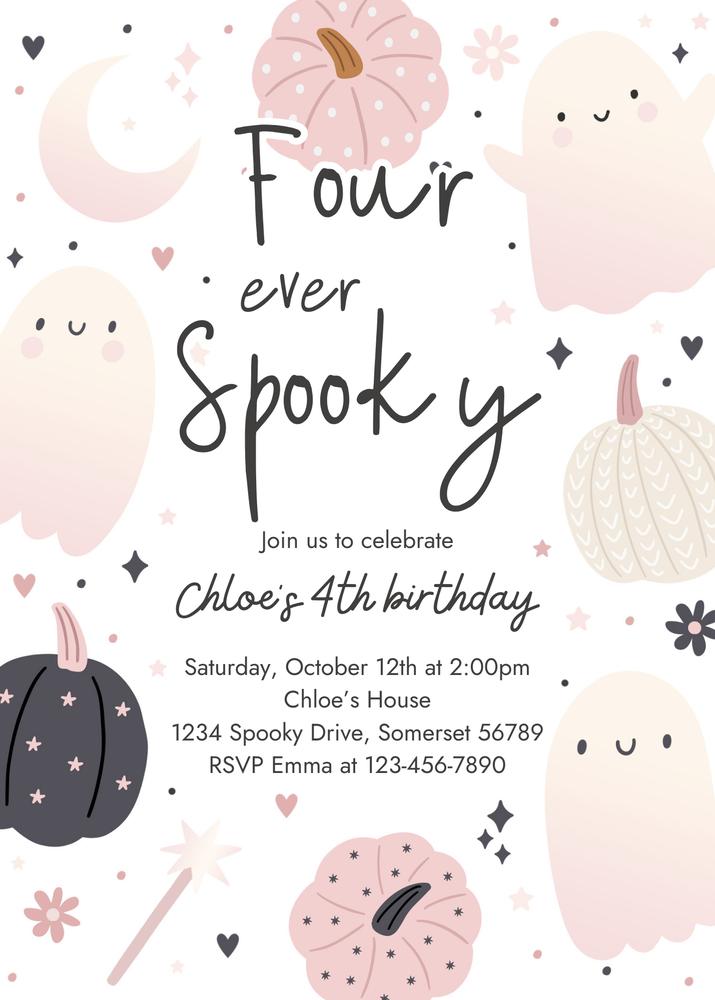Four Ever Spooky Ghost 4th Birthday Invitation | Editable Canva Boho Template