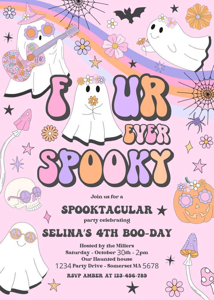 Four Ever Spooky Retro Ghost 4th Birthday Invite | Groovy Editable Canva Template