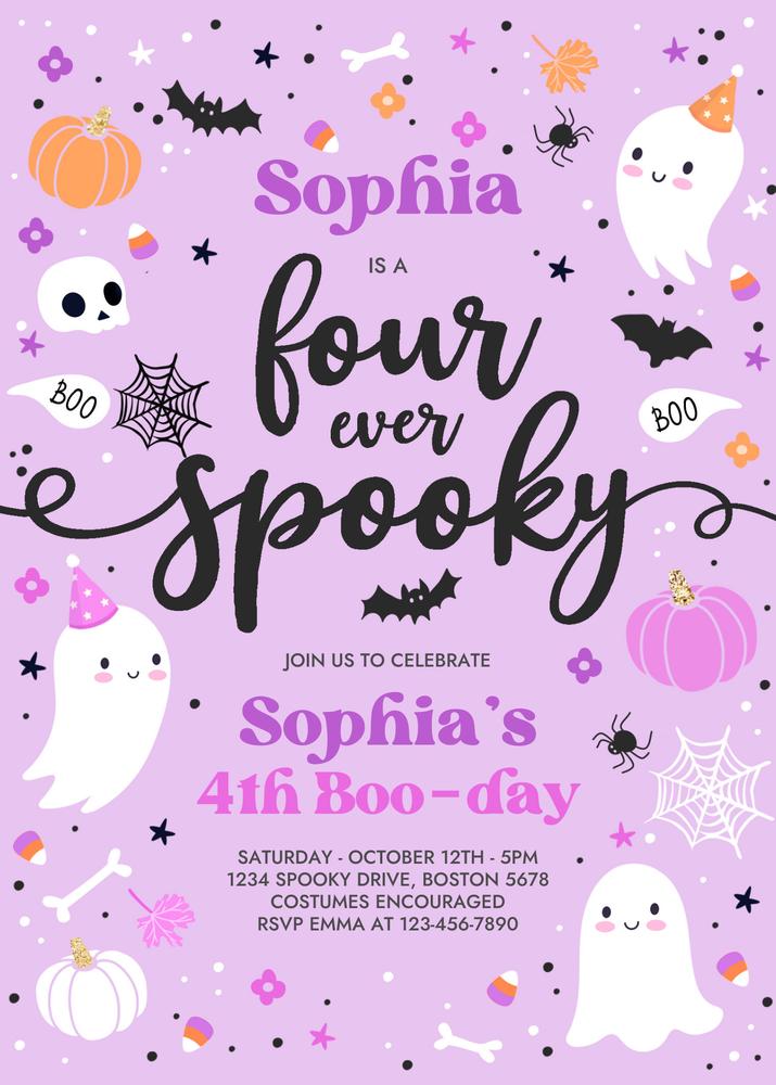 Four Ever Spooky Ghost 4th Birthday Invitation | Editable Canva Template