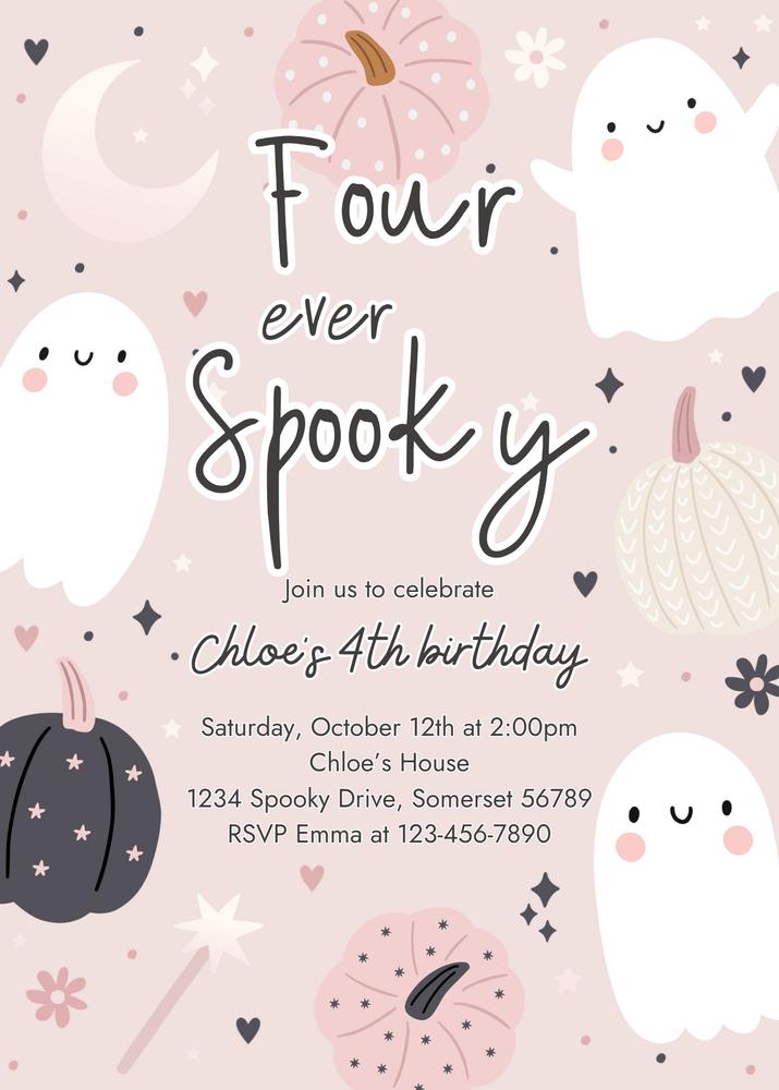 Four Ever Spooky Ghost 4th Birthday Invitation | Editable Canva Boho Template