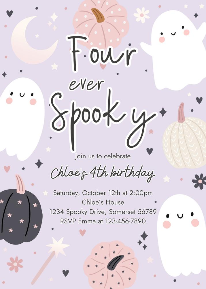 Four Ever Spooky Ghost 4th Birthday Invitation | Editable Canva Template