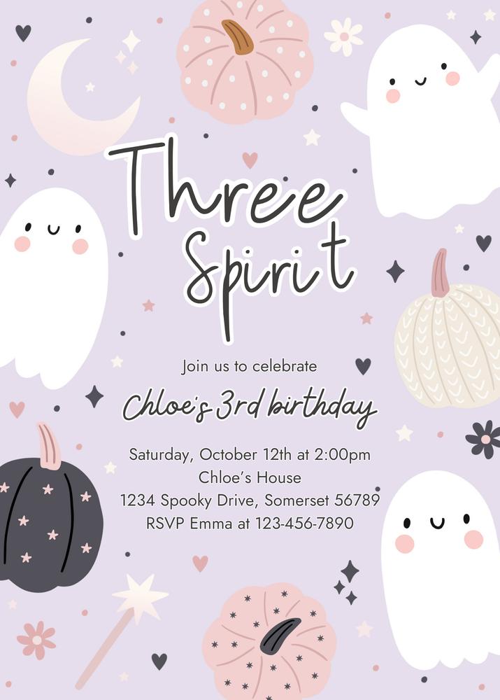 Three Spirit Ghost 3rd Birthday Invitation | Boho Groovy Halloween Canva Template