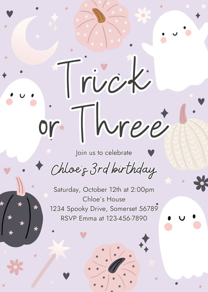 Boho Ghost 3rd Birthday Invitation | Editable Canva Groovy Trick or Three Invite