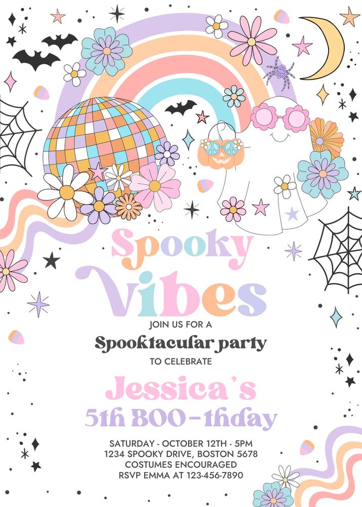 Retro Groovy Ghost Birthday Invitation | Editable Halloween Rainbow Canva Template