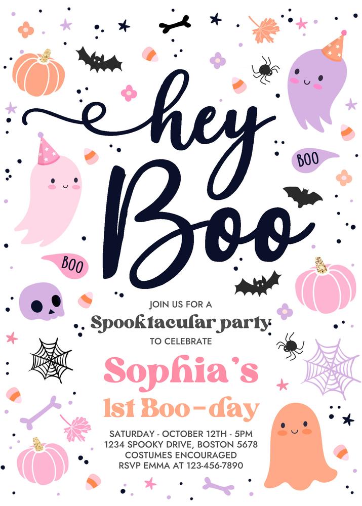 Pink Ghost Birthday Invitation | Editable Halloween Girl Hey Boo Party Template