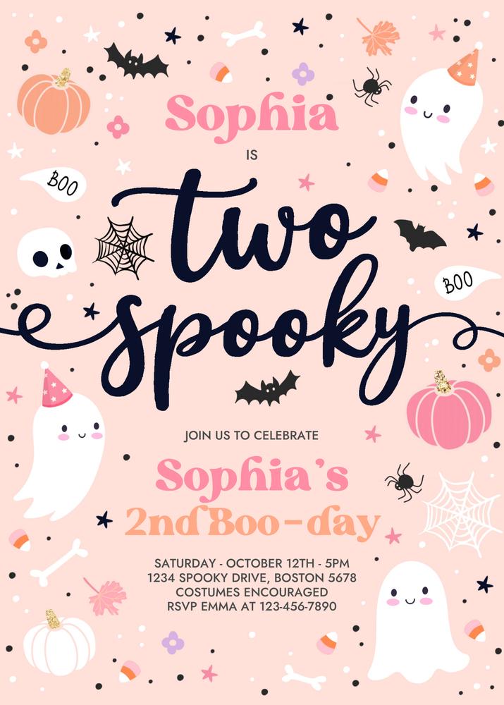 Two Spooky Pink Ghost 2nd Birthday Invitation | Editable Canva Template