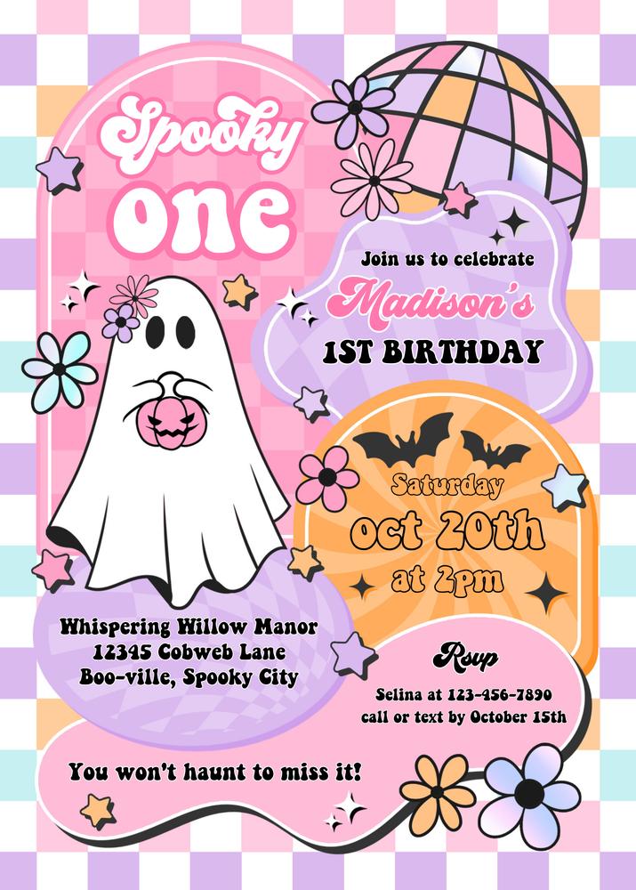 Spooky One 1st Birthday Invitation | Retro Groovy Ghost Halloween Canva Template
