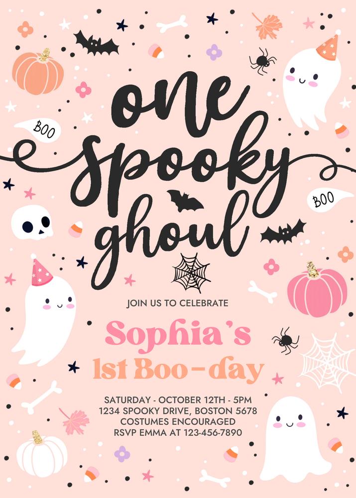 One Spooky Ghoul Pink Ghost 1st Birthday Invitation Canva Template