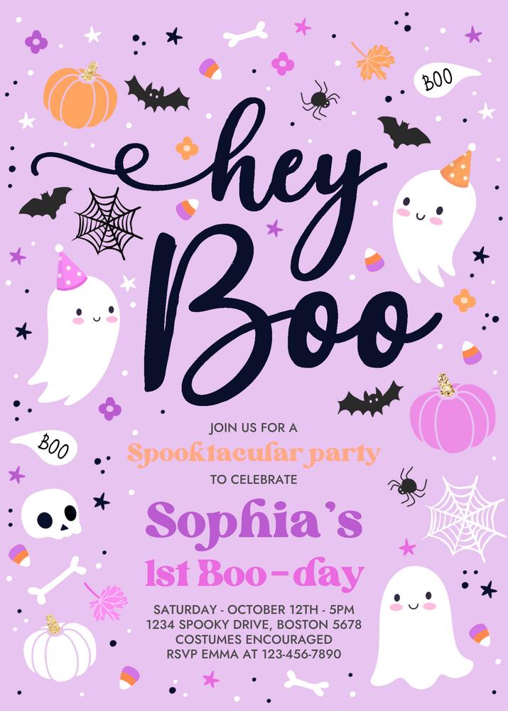 Editable Purple Ghost Girl Birthday Invitation | Spooktacular Hey Boo Invite
