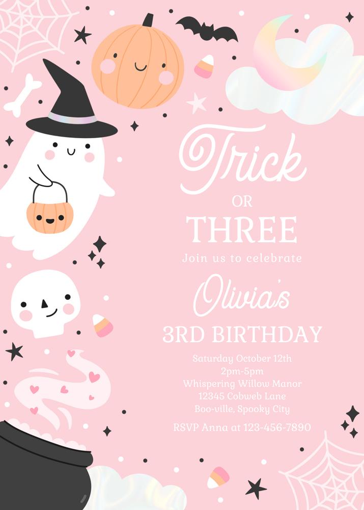 Trick or Three Ghost 3rd Birthday Invitation | Editable Canva Template