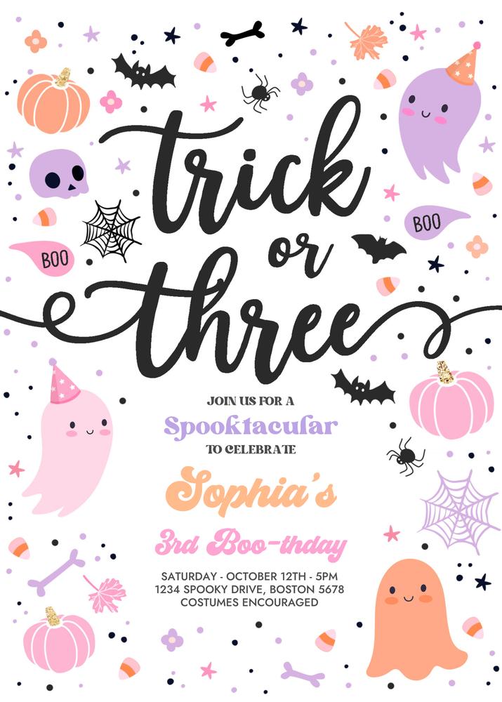 Editable Trick or Three Ghost 3rd Birthday Invitation | Pink Halloween Invite