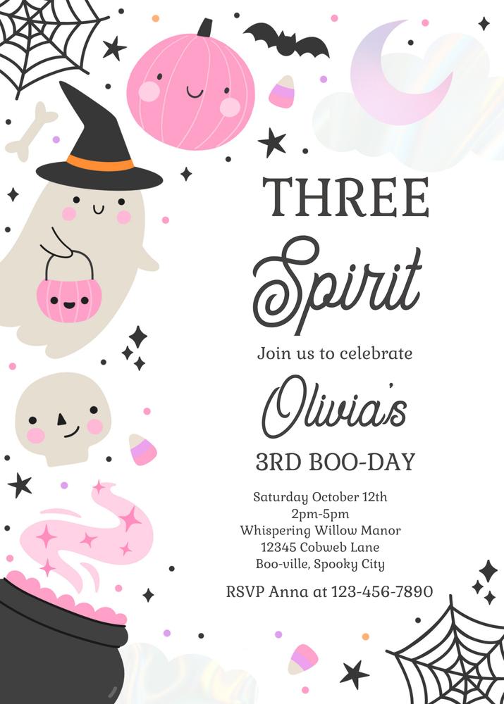 Three Spirit Ghost 3rd Birthday Invitation | Boho Groovy Halloween Canva Template