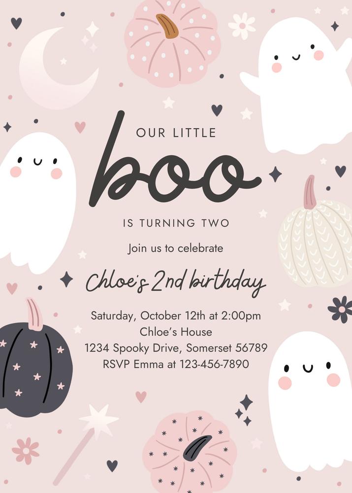 Little Boo Ghost 2nd Birthday Invitation | Boho Groovy Halloween Invite Canva