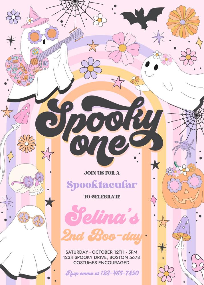 Spooky One 1st Birthday Invitation | Retro Groovy Ghost Halloween Canva Template