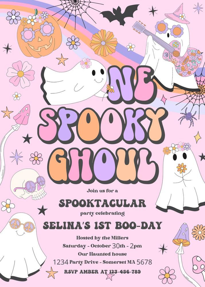 One Spooky Ghoul 1st Birthday Invitation | Groovy Ghost Retro Halloween Template