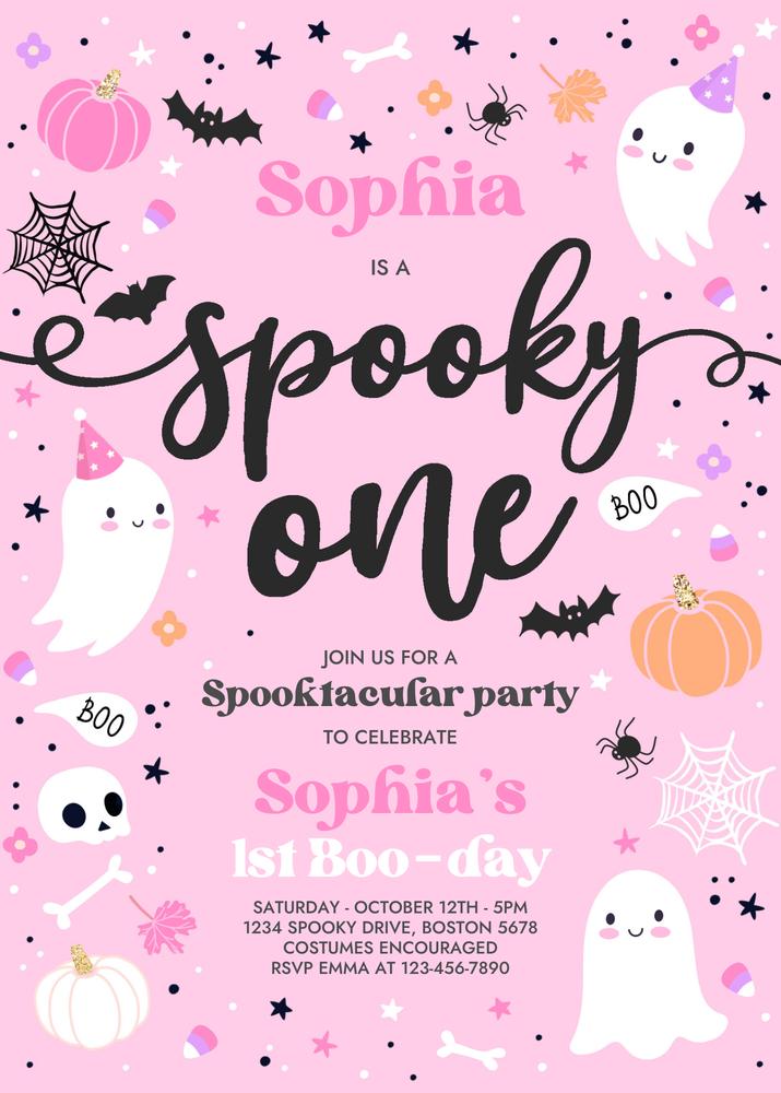 Spooky One Pink Ghost 1st Birthday Invitation | Editable Canva Template