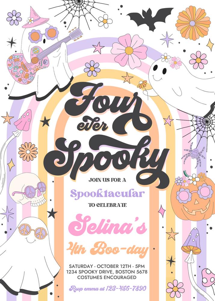 Four Ever Spooky Retro Ghost 4th Birthday Invitation Canva Template