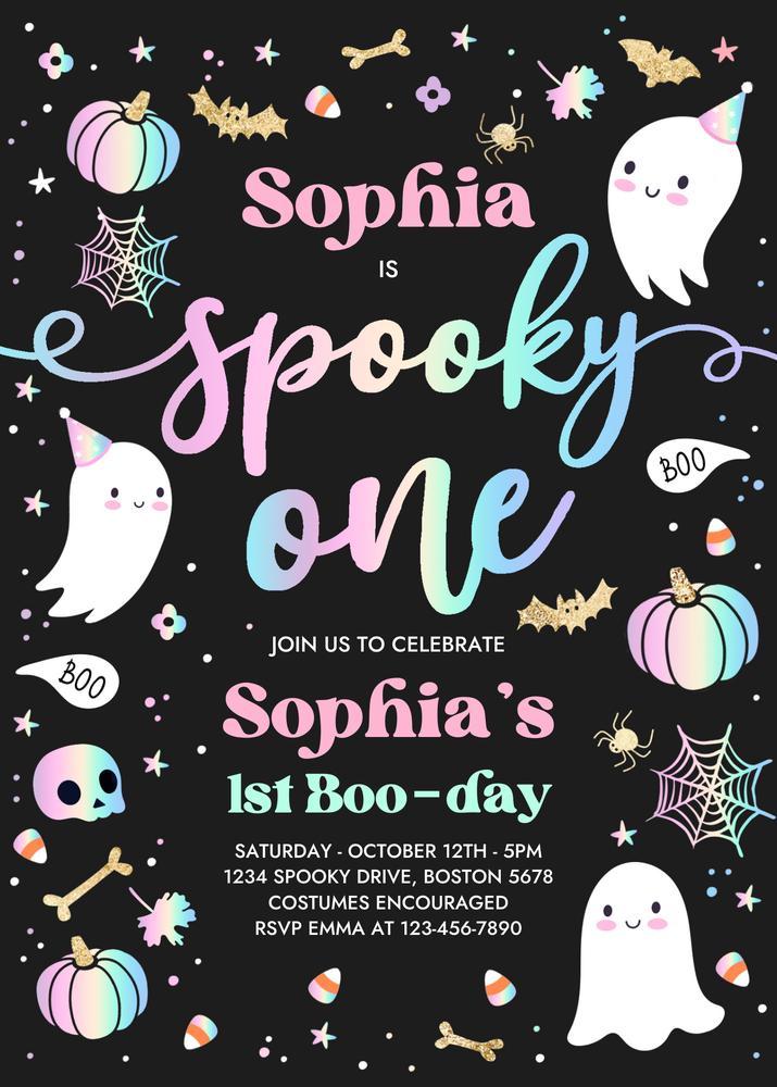 Spooky One 1st Birthday Invitation | Pink Ghost Halloween Party Canva Template