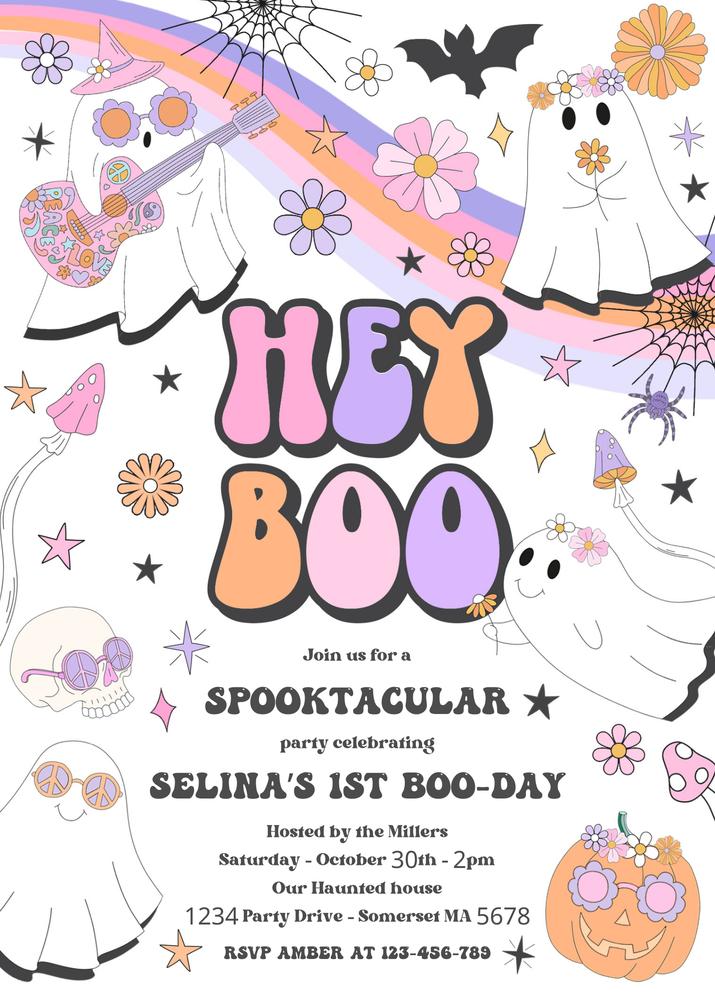 Retro Groovy Ghost Birthday Invitation | Editable Canva Halloween Template