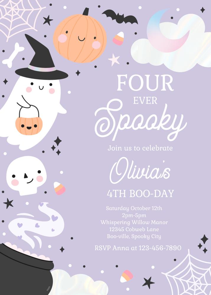Four Ever Spooky Ghost 4th Birthday Invitation | Boho Groovy Canva Template