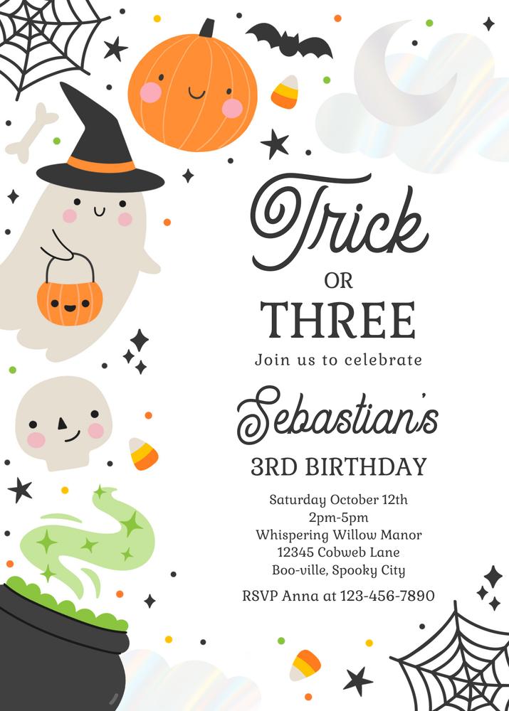 Trick Or Three Halloween Ghost 3rd Birthday Invitation | Editable Canva Template