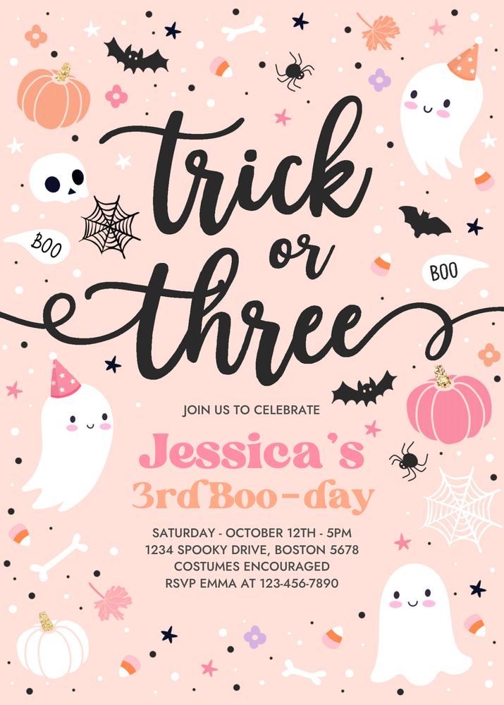 Trick Or Three Ghost 3rd Birthday Invitation | Editable Canva Template