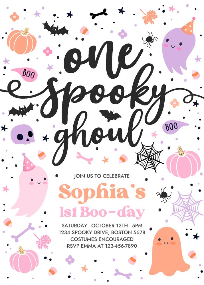 Pink Ghost First Birthday Invitation | Spooky One Editable Canva Template