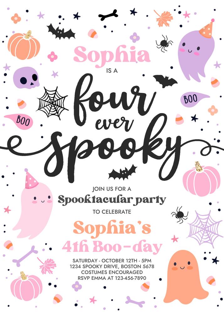 Four Ever Spooky Pink Ghost 4th Birthday Invitation | Editable Canva Template