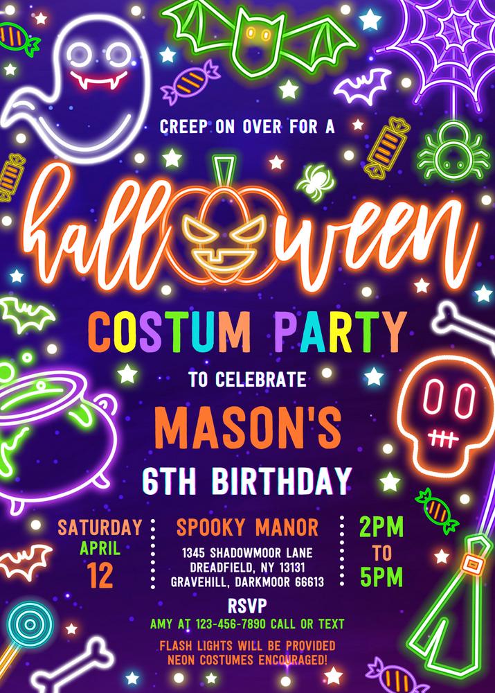 Glow Neon Halloween Costume Birthday Party Invitation | Editable Canva Template