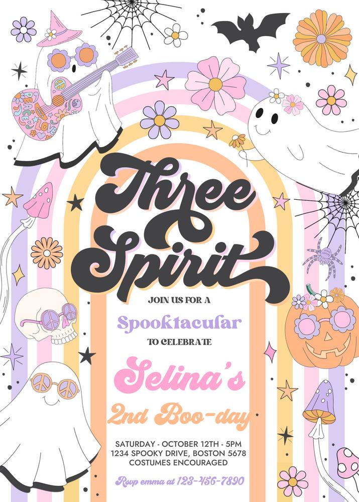 Three Spirit Ghost 3rd Birthday Invitation | Retro Groovy Halloween Canva Template