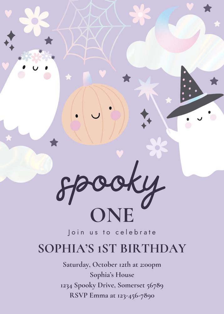 Spooky One 1st Birthday Invitation | Pink Pastel Ghost Canva Template