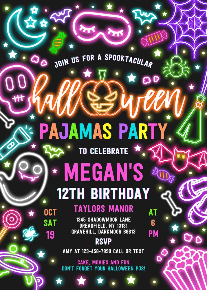 Neon Halloween Pajama Party Invitation | Editable Spooky Sleepover Template