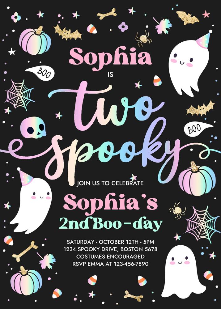Two Spooky Pink Ghost 2nd Birthday Invitation | Editable Canva Template