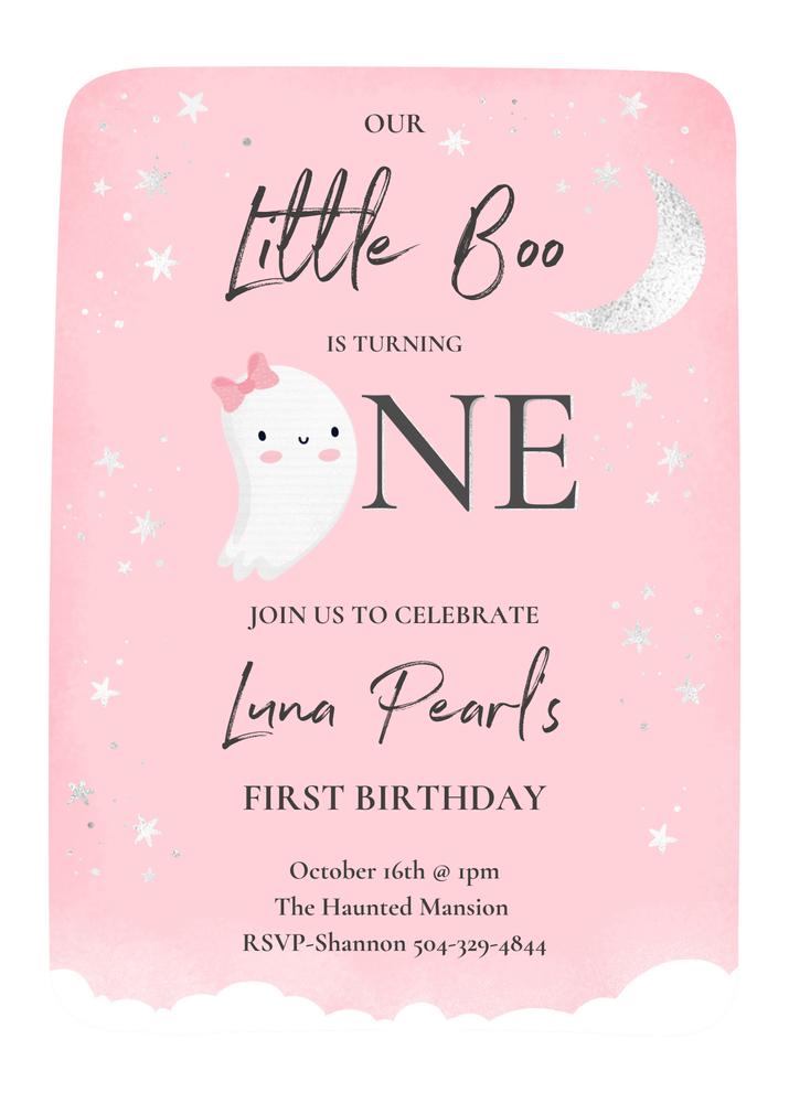 Pink Little Boo 1st Birthday Invitation | Editable Halloween Canva Template
