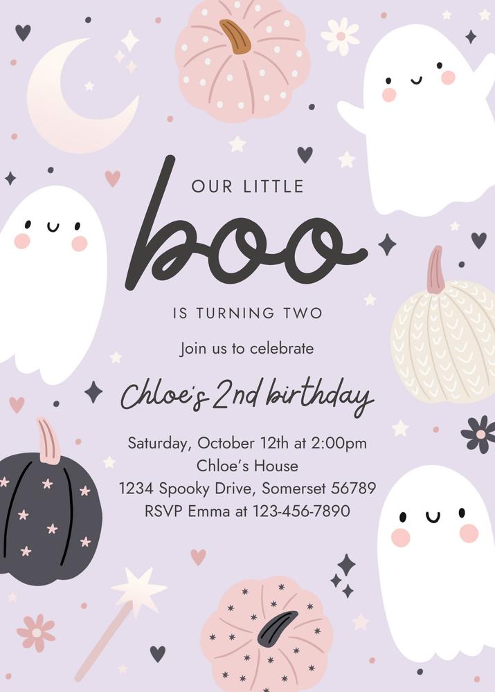 Editable Little Boo 2nd Birthday Invitation | Boho Groovy Ghost Canva Template