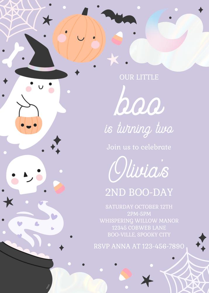 Little Boo Ghost 2nd Birthday Invitation | Boho Groovy Halloween Canva Template