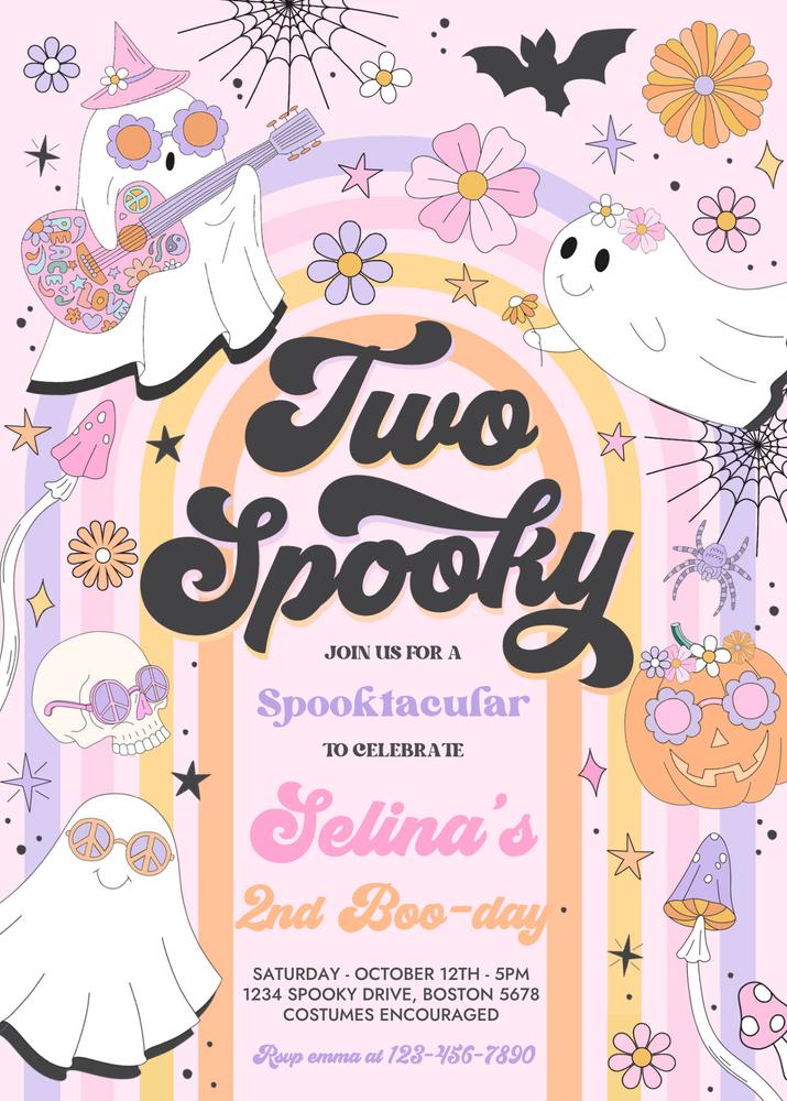 Two Spooky 2nd Birthday Invitation | Retro Groovy Ghost Canva Template