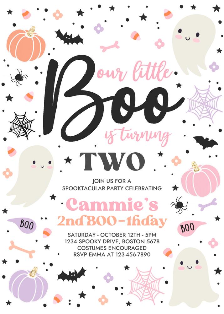 Pink Halloween 2nd Birthday Invitation | Editable Canva Little Boo Invite