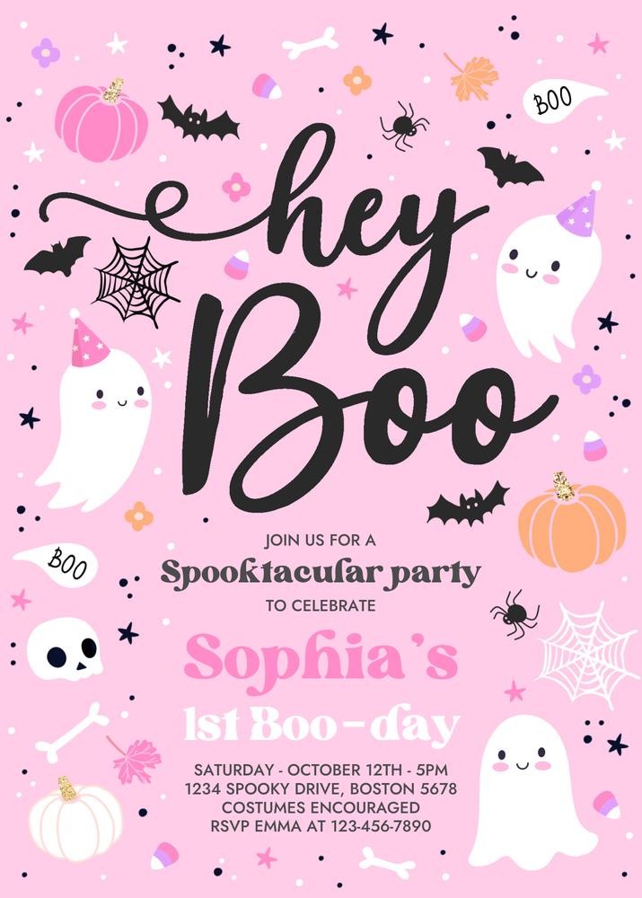 Pink Ghost Birthday Invitation | Editable Halloween Hey Boo Girl Party Template