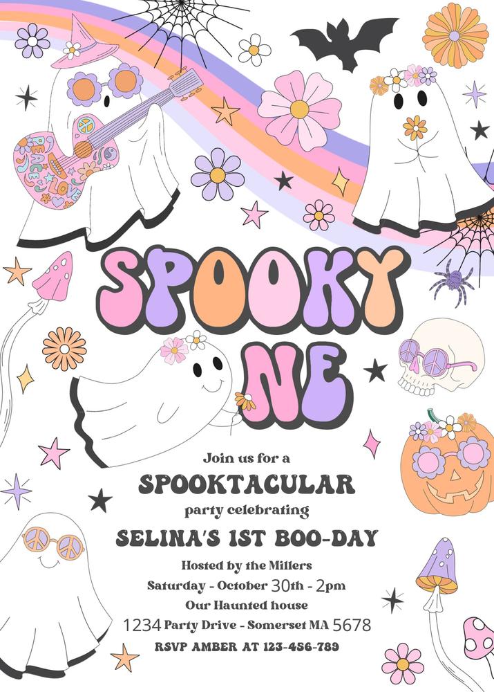 Spooky One 1st Birthday Invitation | Retro Groovy Ghost Halloween Canva Template