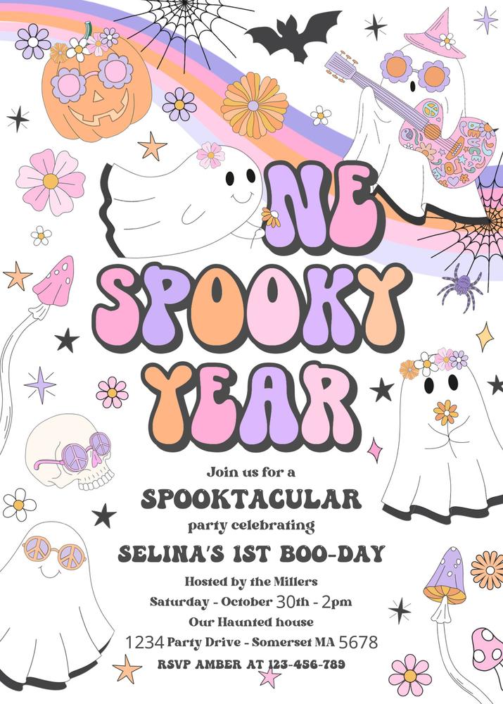 One Spooky Year Birthday Invitation | Retro Ghost 1st Birthday Canva Template