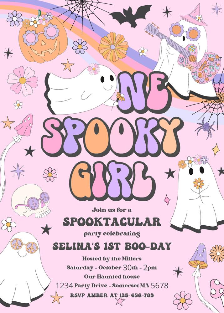 Spooky One Girl 1st Birthday Invitation | Groovy Retro Ghost Canva Template